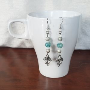Rainy Day Umbrella Silver Earrings Blue Beading